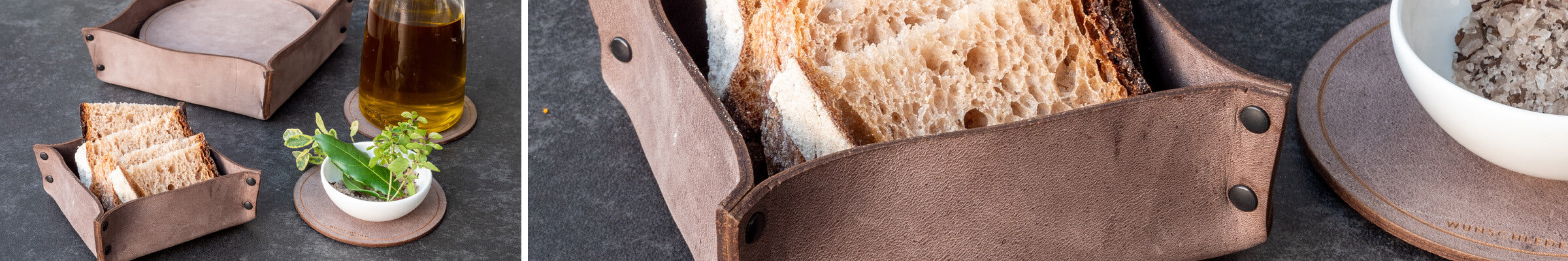 Brotkorb, Lederbrotkorb, Aufbewahrungskörbchen, Servierkörbchen, Wunschleder 